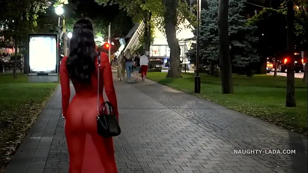 Big Red transparent dress in public total Tube