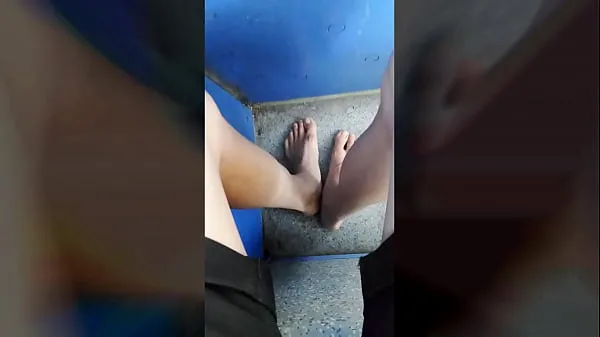 Big Twink walking barefoot on the road and still no shoe in a tram to the city tổng số ống
